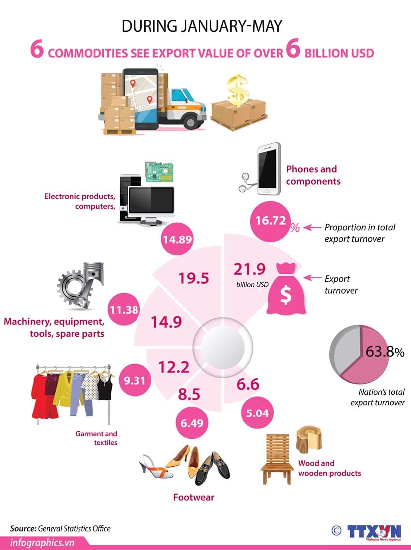 Infographics: During January-May 6 commodities see export value of over 6bln USD