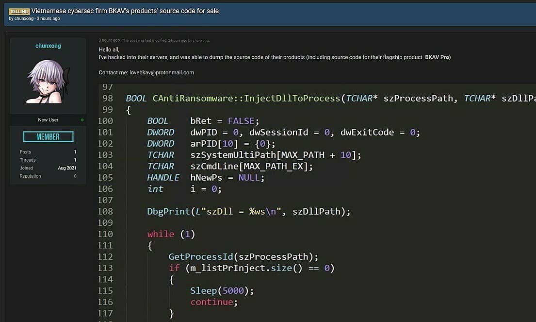 Cybersecurity firm Bkav source codes leaked, put on sale for $250,000