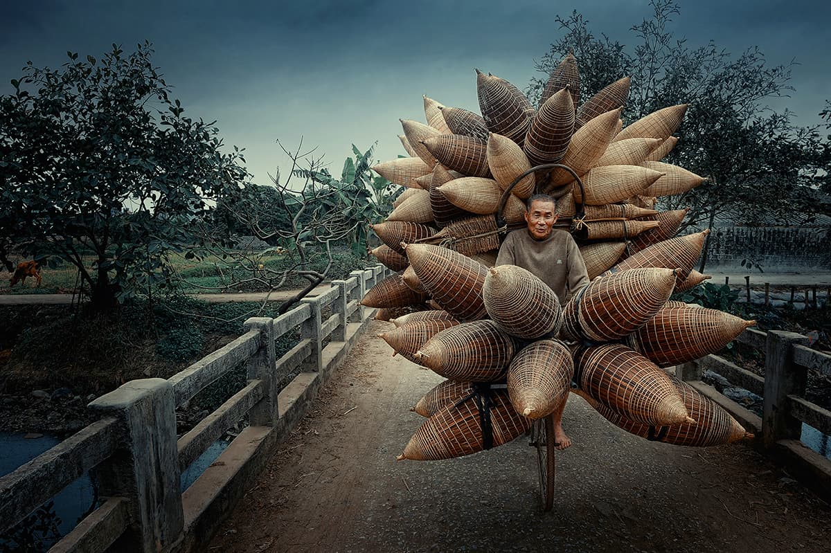 Shot of bamboo fishing baskets nets international merit award