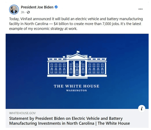 US President congratulates on VinFast's $4 billion EV manufacturing facility in North Carolina